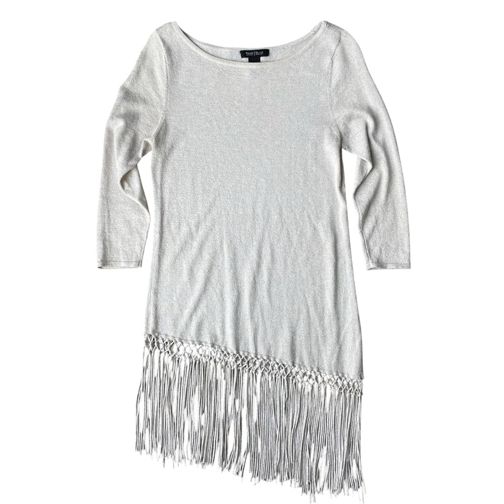 White House Black Market Asymmetrical Fringe Top Size XS Ivory Gold Metallic